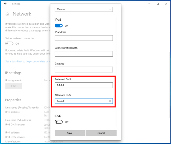 The Preferred DNS and Alternate DNS servers