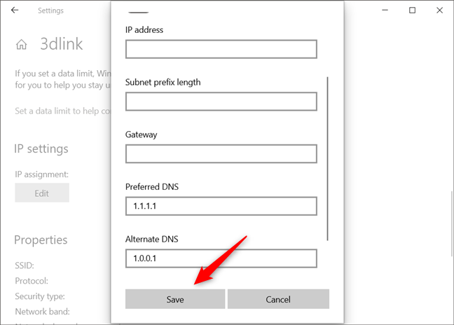 Saving the new settings for the DNS servers