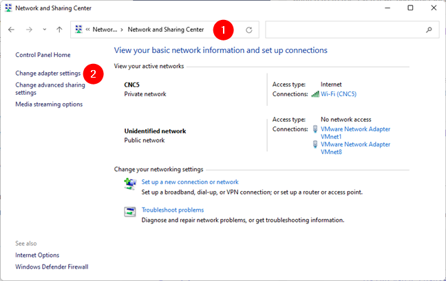 The Change adapter settings link from the Network and Sharing Center