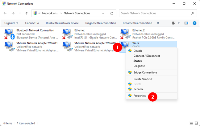 The Properties option from right-click menu of a network adapter