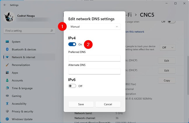 The IP settings are set to Manual, and the IPv4 switch is on