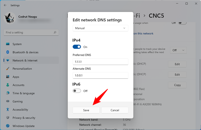 Saving the new settings for the DNS servers