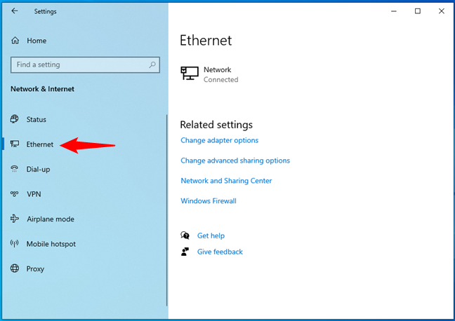 The Ethernet network connection in Windows 10