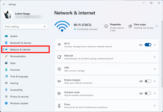 Network & internet in Windows 11's Settings