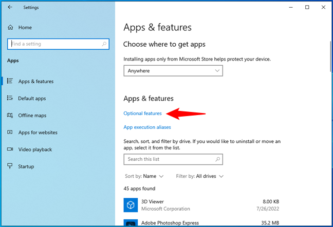 The Optional features link under Apps & features