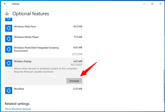 Uninstall an optional feature from Windows 10