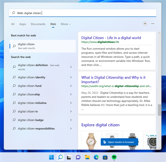 Searching for web results in Windows 11