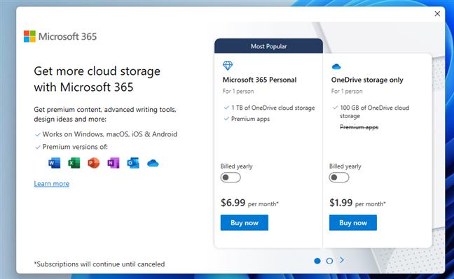 OneDrive subscription options