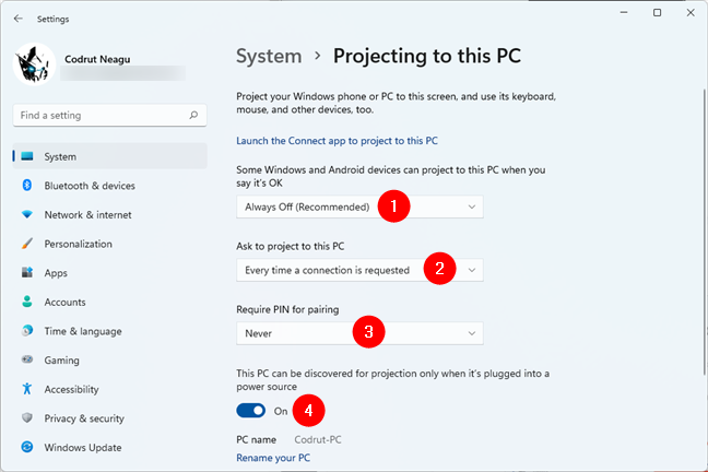 Settings available for Projecting to this PC