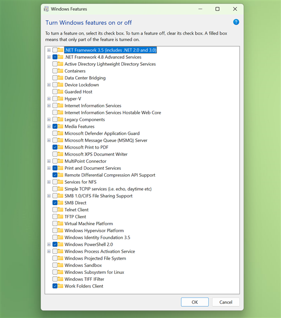 Turn Windows features on or off