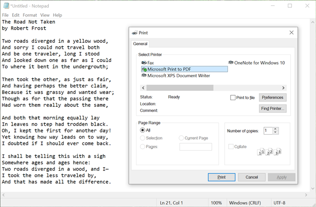 Using Microsoft Print to PDF with Notepad in Windows 10