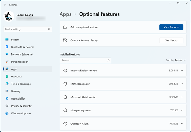 Optional features in Windows 11