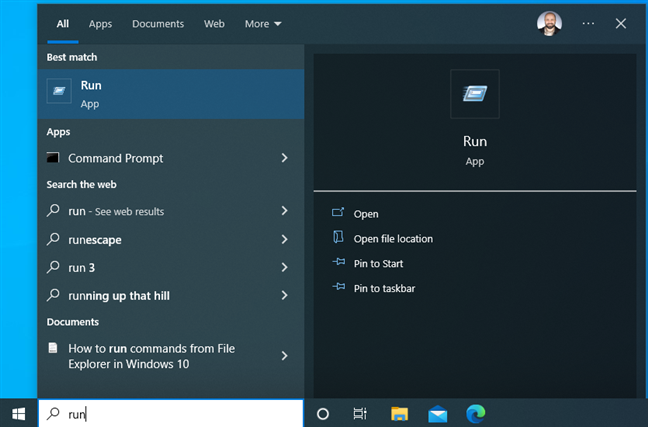 Search for Run in Windows 10