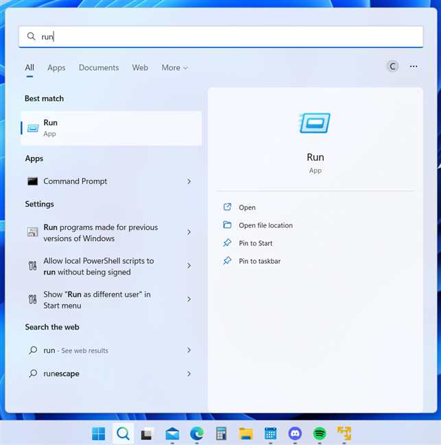 Search for Run in Windows 11