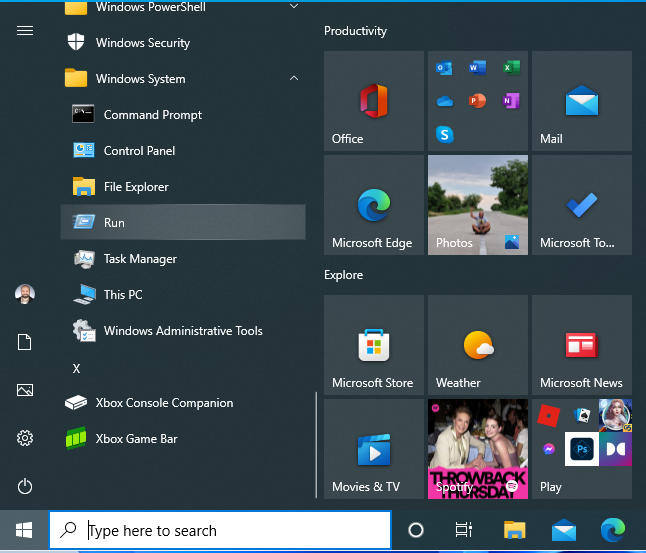 The Run shortcut in the Windows 10 Start Menu