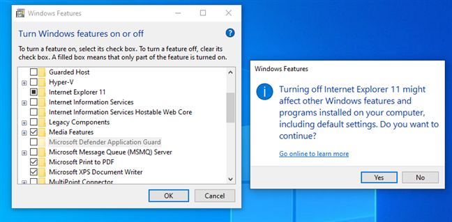 Windows warns you about the consequences of disabling certain features