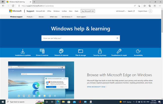 The Windows help page provides generic tips and info