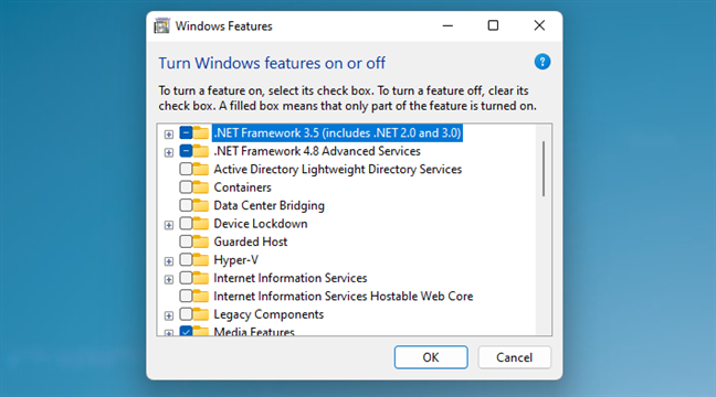 The Windows Features from Windows 11