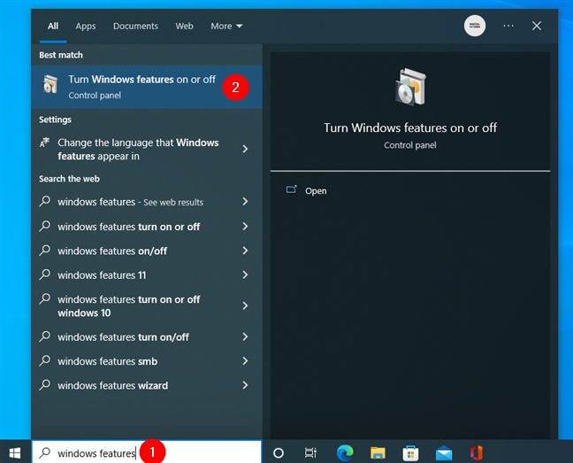 Type windows features in the taskbar’s search field 