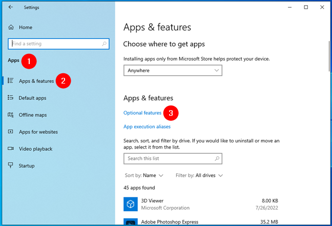 Access Optional features in Windows 10