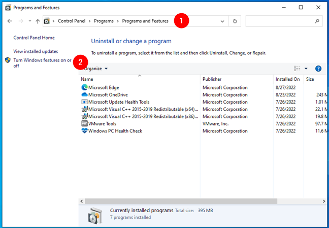 Turn Windows features on or off in Windows 10