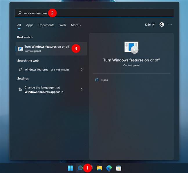 Search for windows features in Windows 11