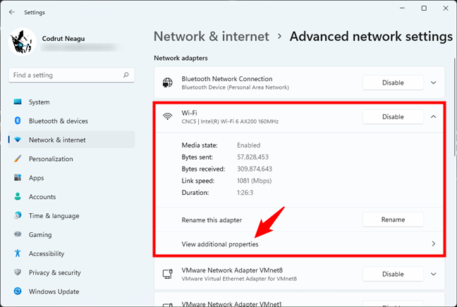 View additional properties of a network adapter