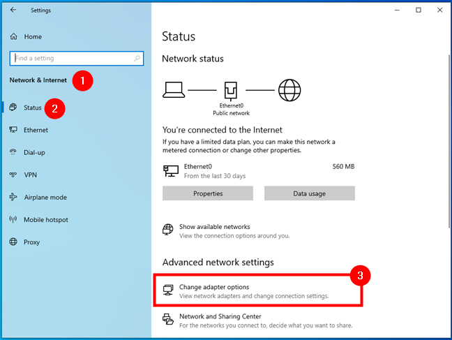 The Change adapter options button from the Status page