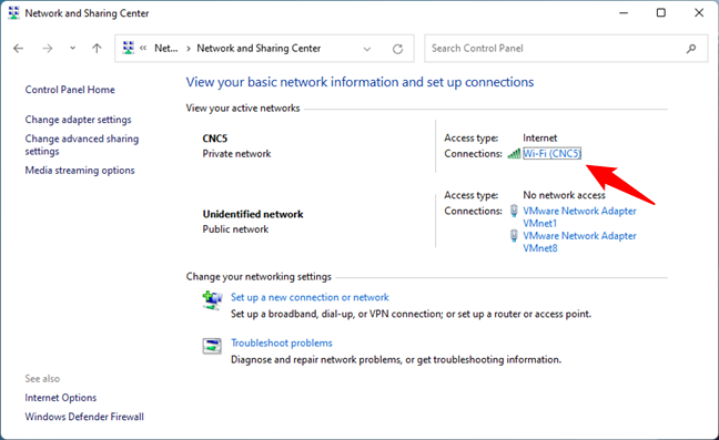 Opening the Status of a network connection from the Network and Sharing Center