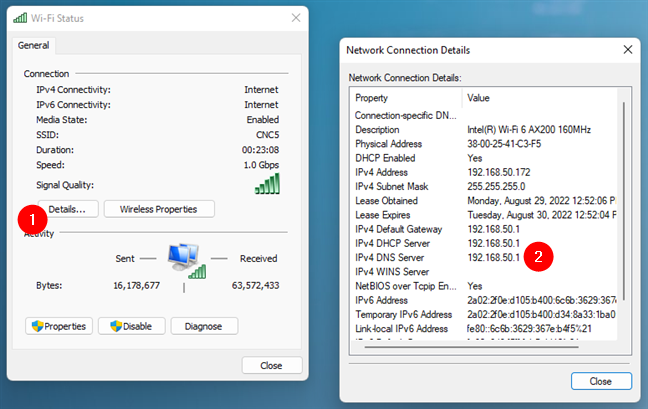 The IP addresses of the DNS servers