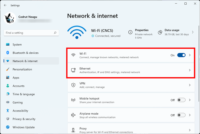 Access the settings for Wi-Fi or Ethernet