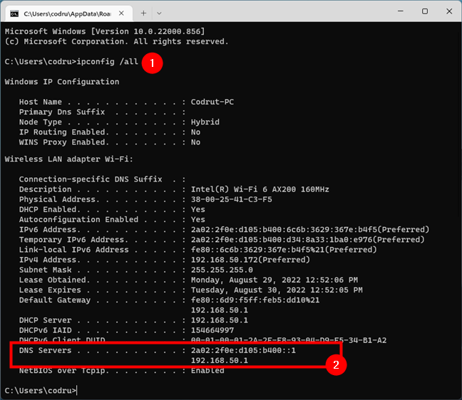 Running the ipconfig command to find the DNS servers in CMD