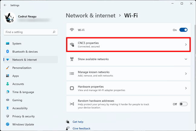 The network connection currently in use