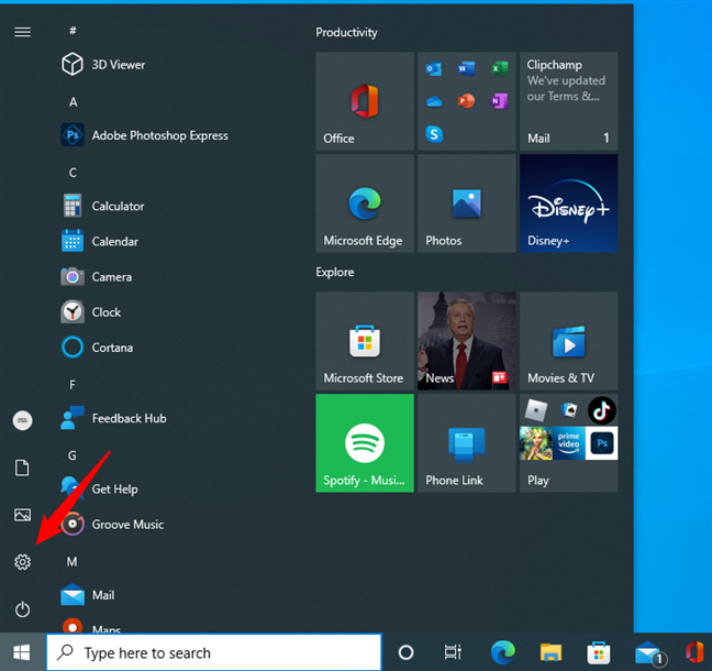 The Settings button from Windows 10's Start Menu