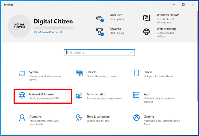 The Network & Internet category from Windows 10's Settings