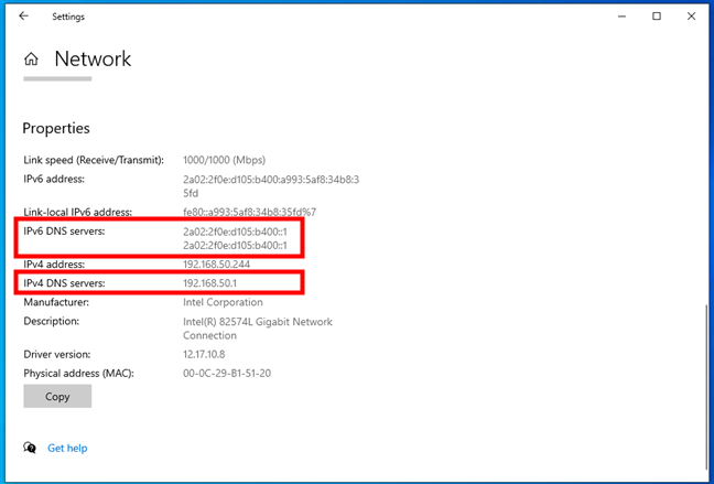 The DNS servers used by the network connection