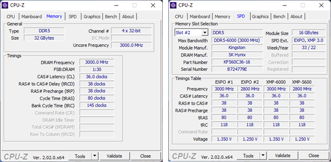 Tech specs shown by CPU-Z about the Kingston Fury Beast RGB DDR5-6000 32GB