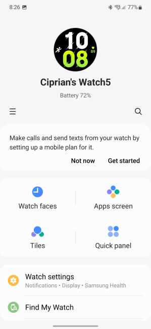 The smartwatch configuration starts in Galaxy Wearable
