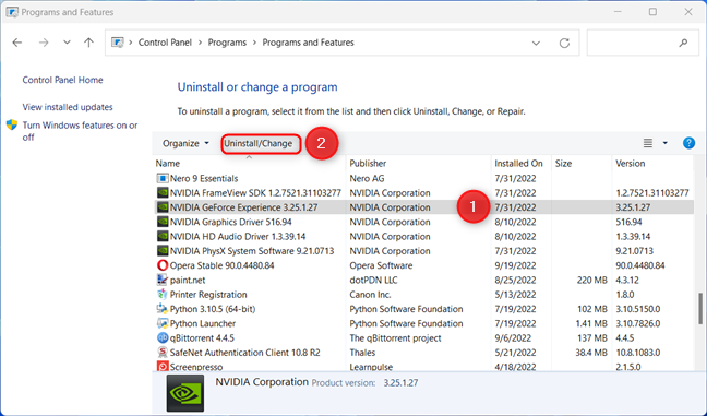 Choose NVIDIA GeForce Experience and Uninstall it