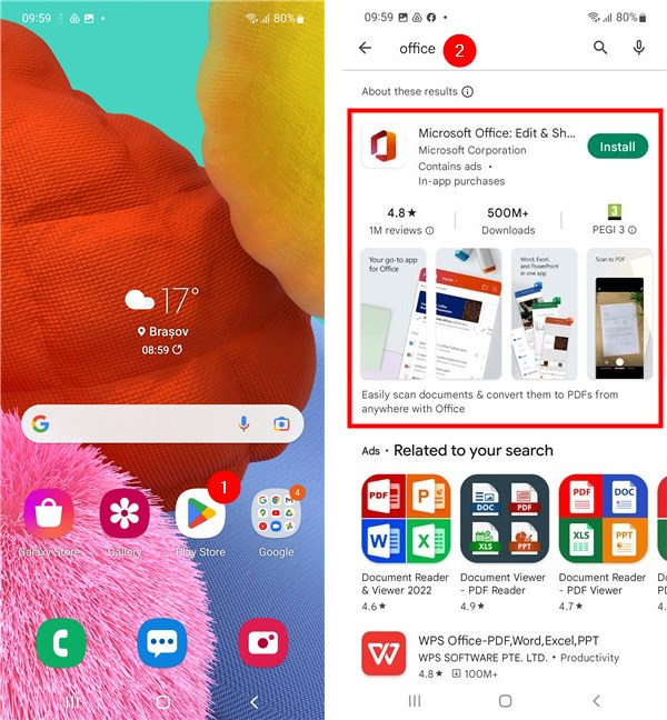 Search for the Microsoft Office apps in the Play Store