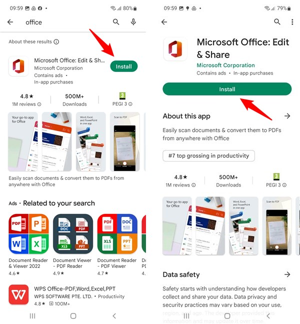 Install a Microsoft Office app on Android