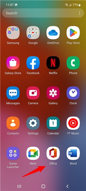 Office apps are listed in the app drawer