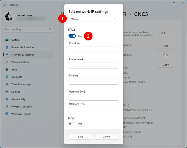 Edit IP settings to change the IPv4 address in Windows 11