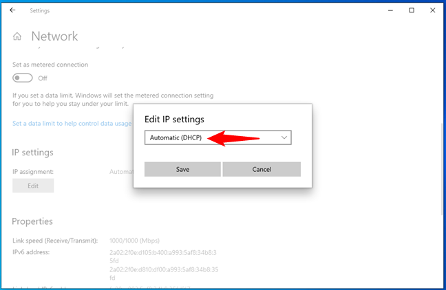 Edit IP settings to get an IP address automatically via DHCP