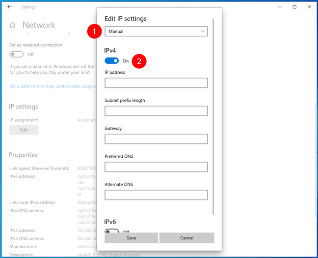 Edit IP settings to change the IPv4 address in Windows 10
