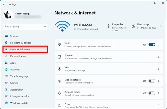 The Network & internet settings in Windows 11