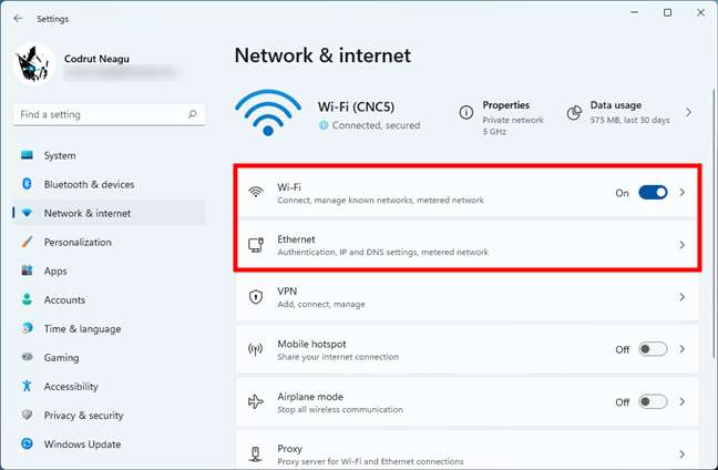 Wi-Fi or Ethernet network connection