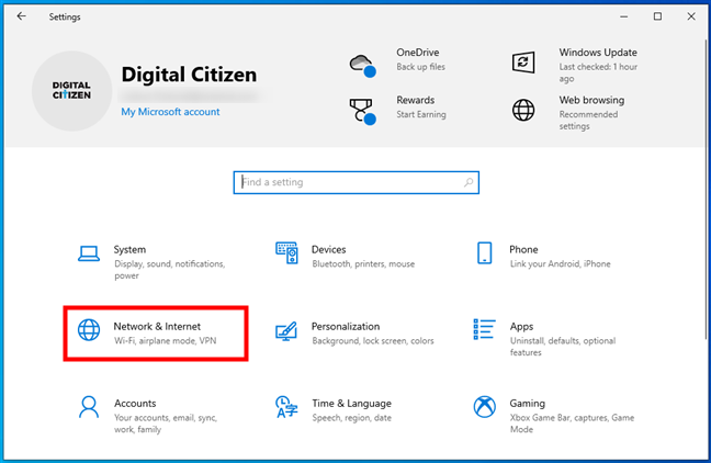 The Network & Internet settings in Windows 10