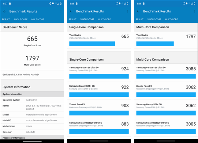 Motorola Edge 30 Neo benchmark results in Geekbench 5