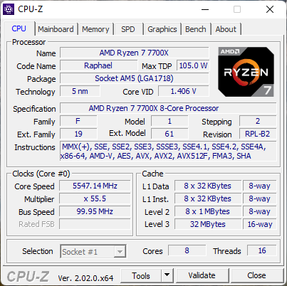 AMD Ryzen 7 7700X: Specs shown by CPU-Z
